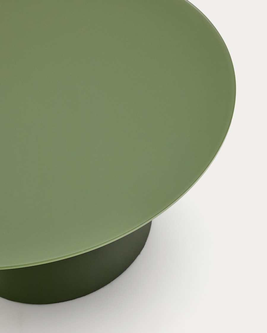 Wilshire coffee table with frosted tempered glass and matt green painted steel finish Ø80cm