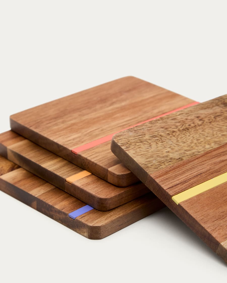 Zairin set of 4 coasters in 100% FSC acacia wood and multicolored metal