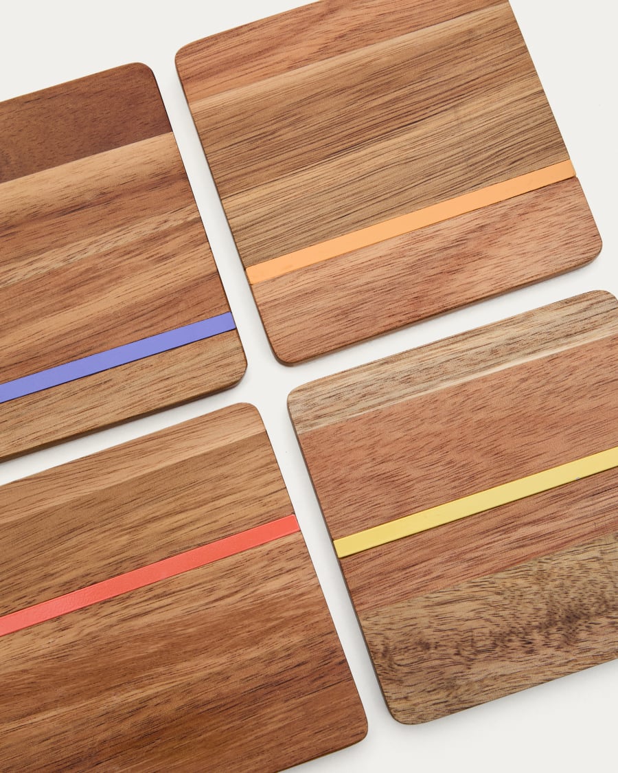 Zairin set of 4 coasters in 100% FSC acacia wood and multicolored metal