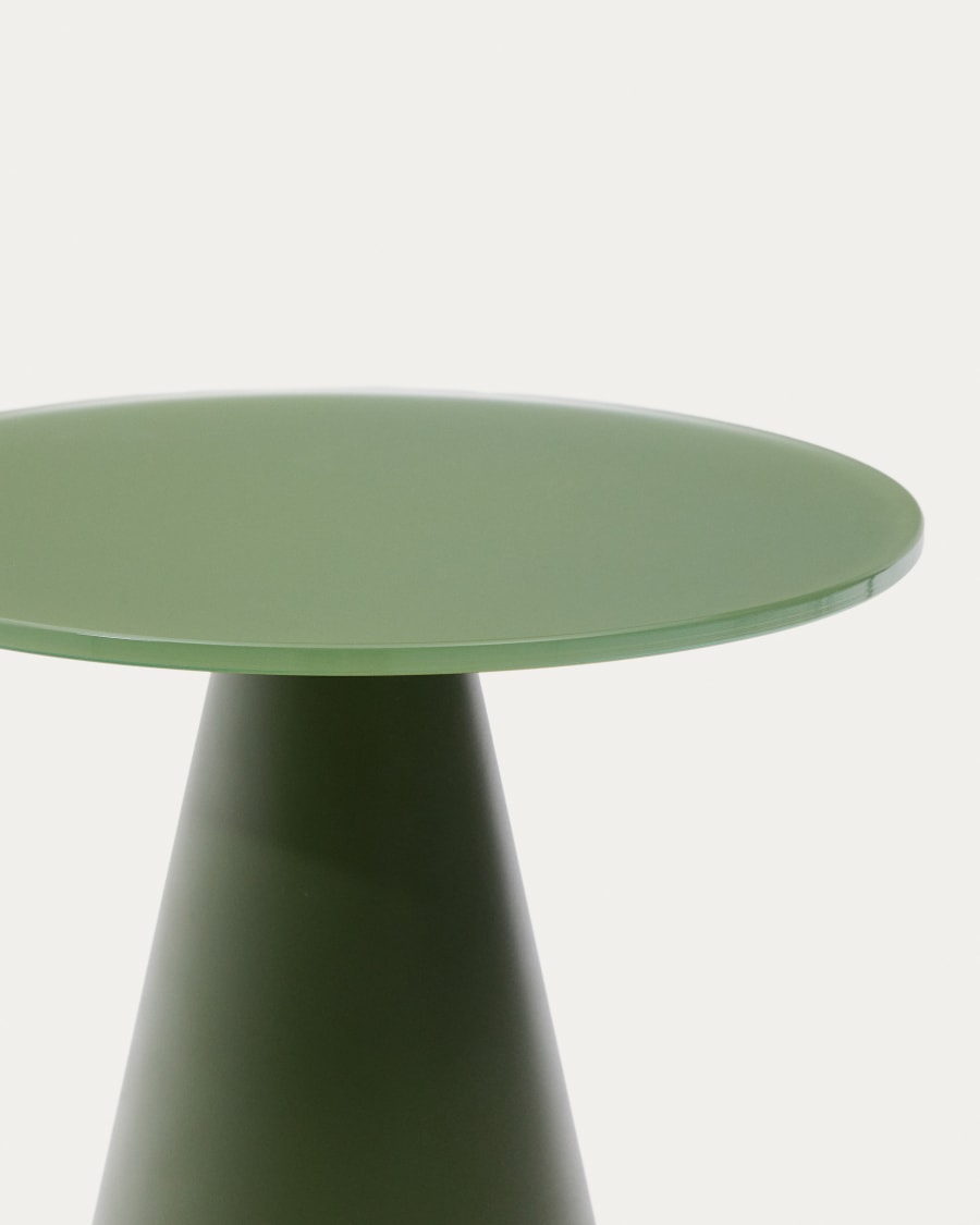 Wilshire side table with frosted tempered glass and matt green painted steel finish Ø30cm