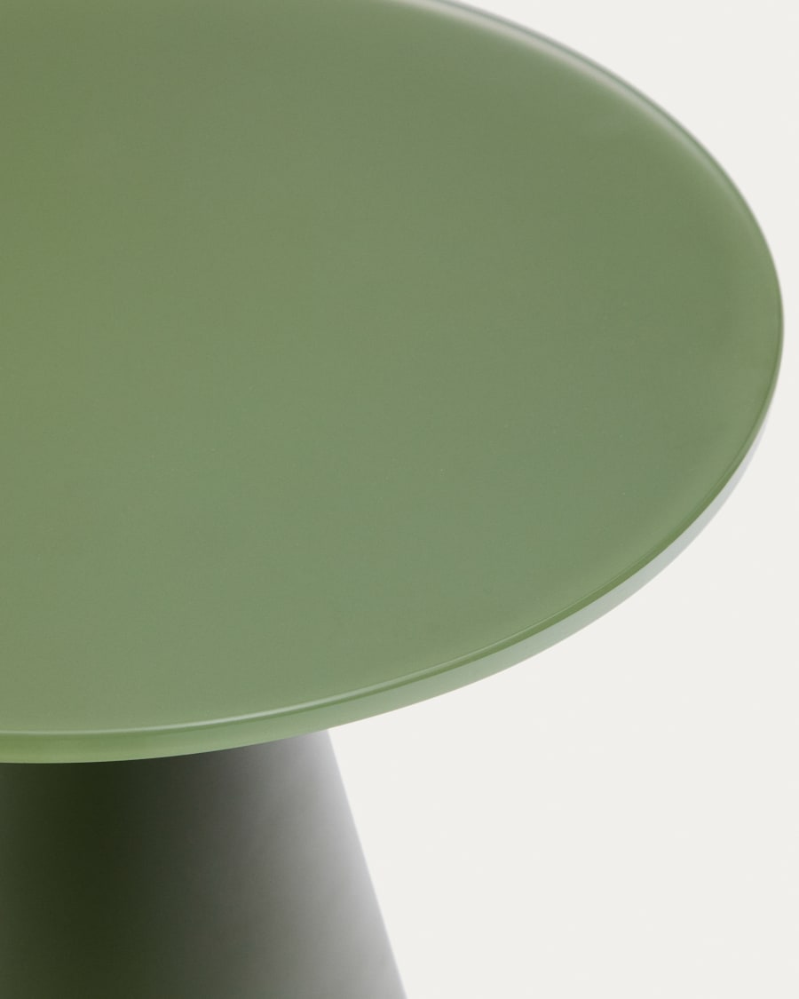 Wilshire side table with frosted tempered glass and matt green painted steel finish Ø30cm