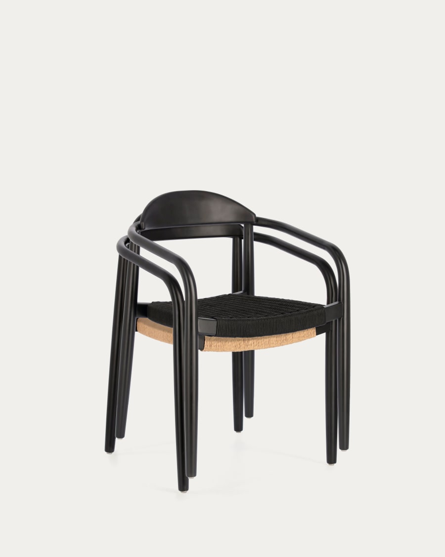 Nina stackable chair in solid acacia wood with black finish and black rope seat FSC 100%