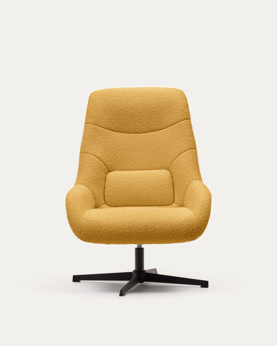Celida swivel armchair in mustard bouclé and steel with black finish FSC 100%