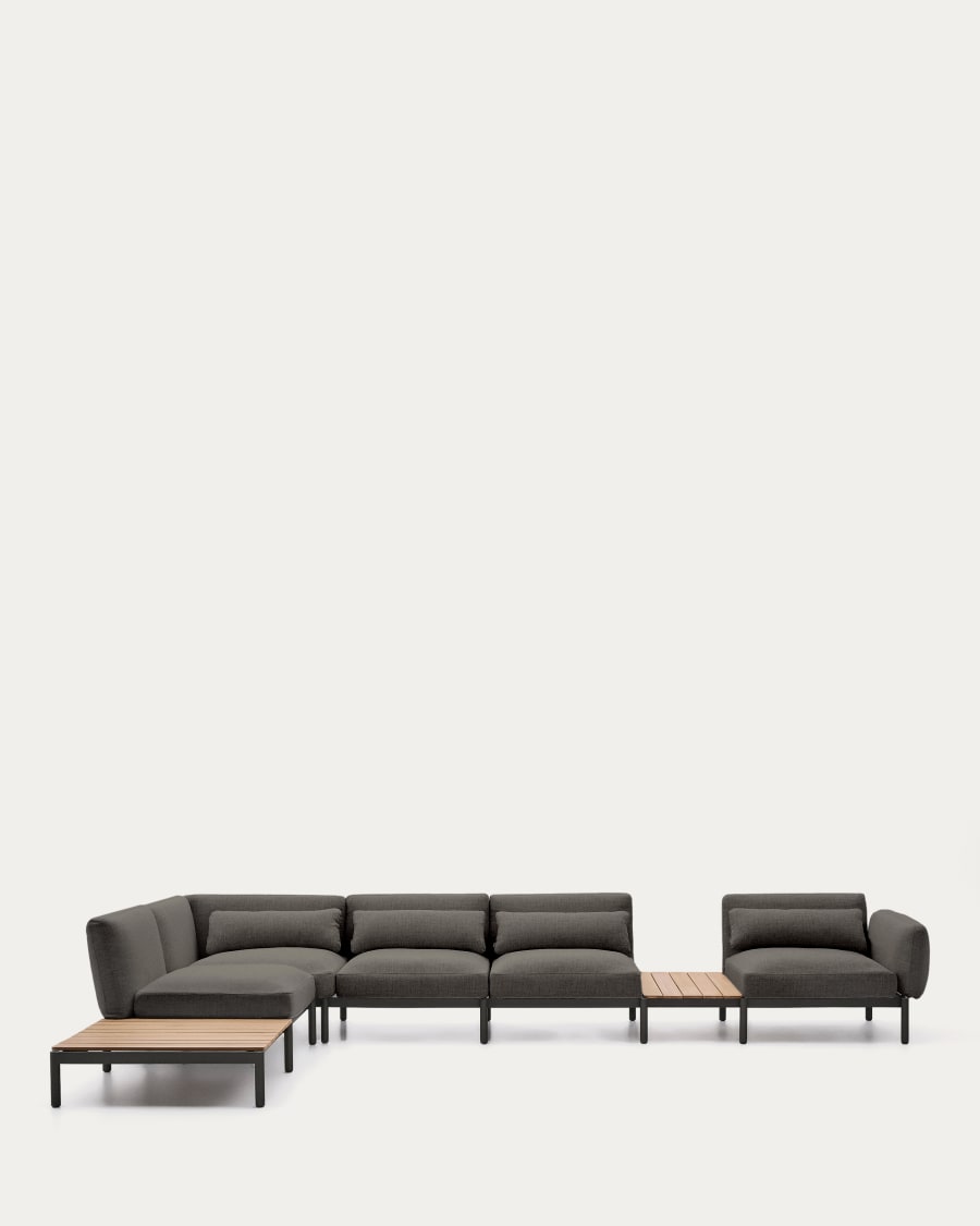 Sorells outdoor modular 5-seater corner sofa with grey upholstery and grey aluminium with teak tables 277 x 446cm FSC 100%