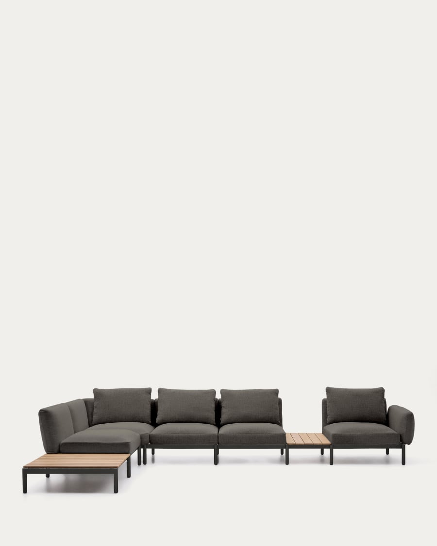 Sorells outdoor modular 5-seater corner sofa with grey upholstery and grey aluminium with teak tables 277 x 446cm FSC 100%
