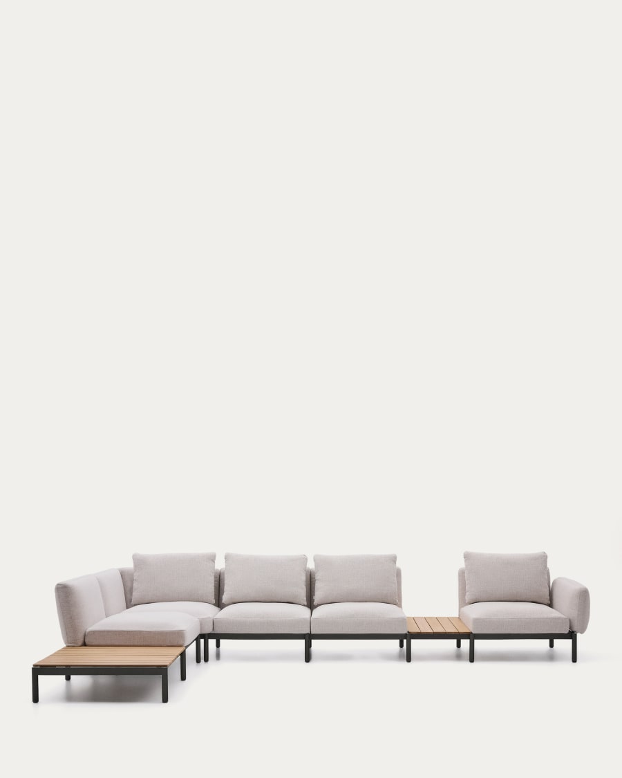 Modulares Outdoor-Ecksofa Sorells mit 5 Sitzplätzen mit beigefarbener Polsterung und grünem Aluminium, mit Tischen aus Teakholz, 277 x 446 cm, FSC 100 %