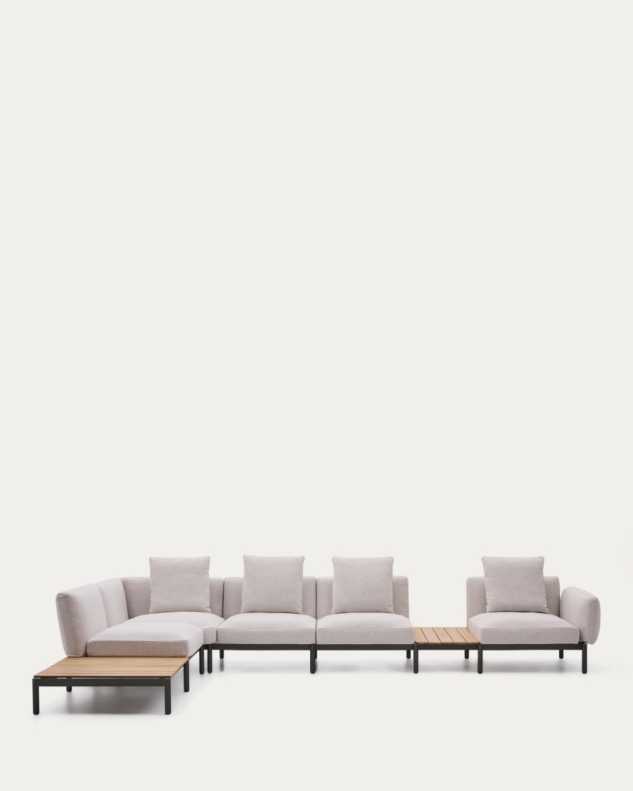 Modulares Outdoor-Ecksofa Sorells mit 5 Sitzplätzen mit beigefarbener Polsterung und grünem Aluminium, mit Tischen aus Teakholz, 277 x 446 cm, FSC 100 %