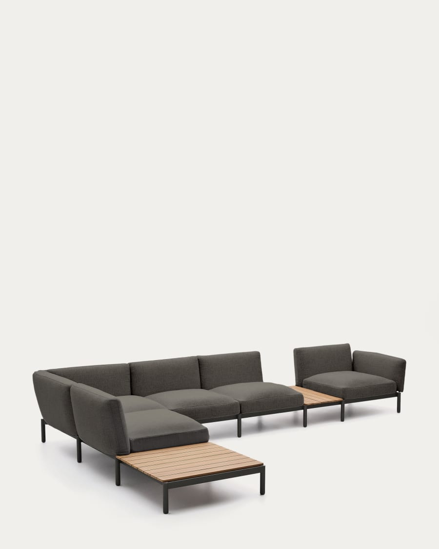 Sorells outdoor modular 5-seater corner sofa with grey upholstery and grey aluminium with teak tables 277 x 446cm FSC 100%