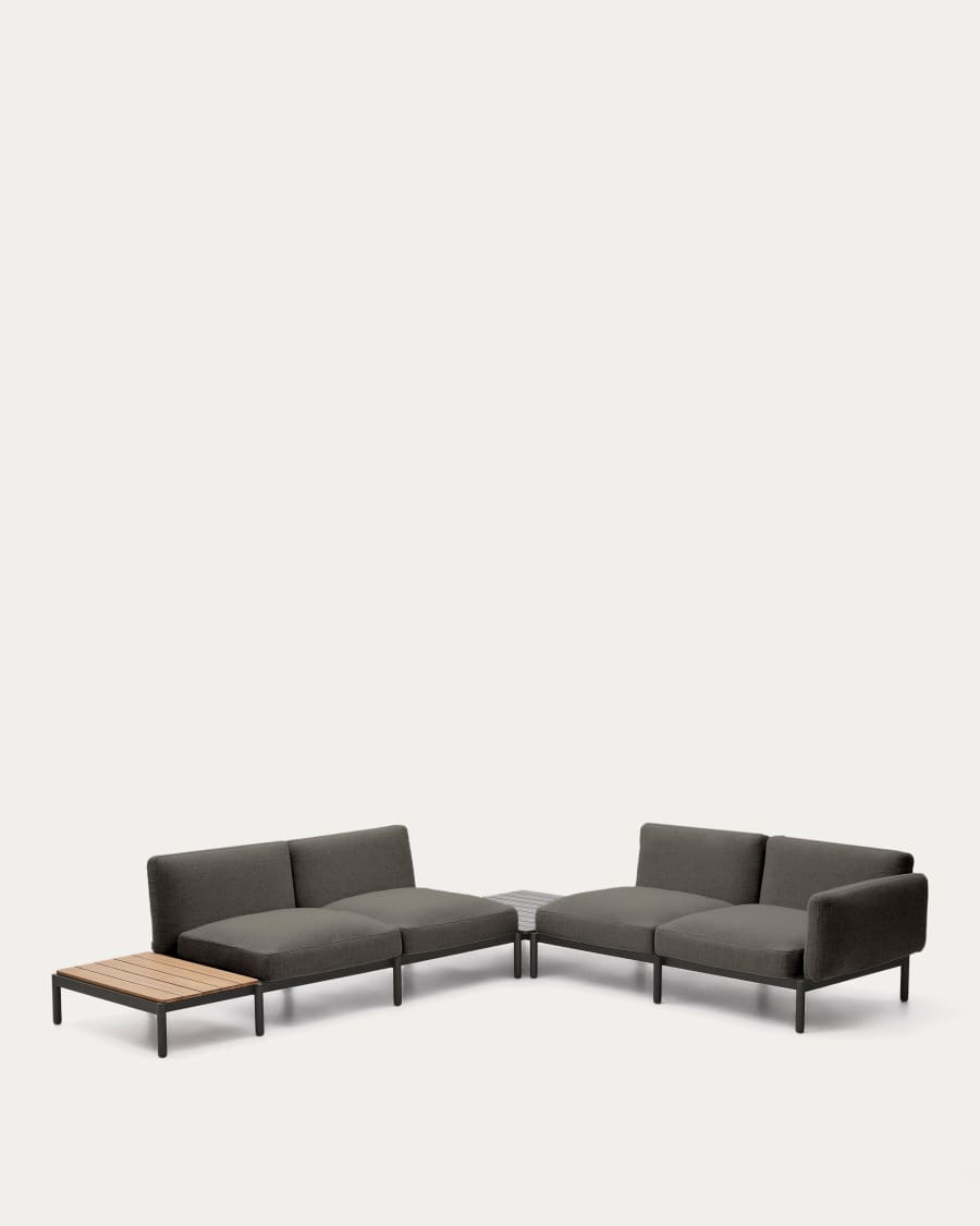 Sorells outdoor modular 4-seater corner sofa with grey upholstery and grey aluminium with teak table 353 x 316.5cm FSC 100%