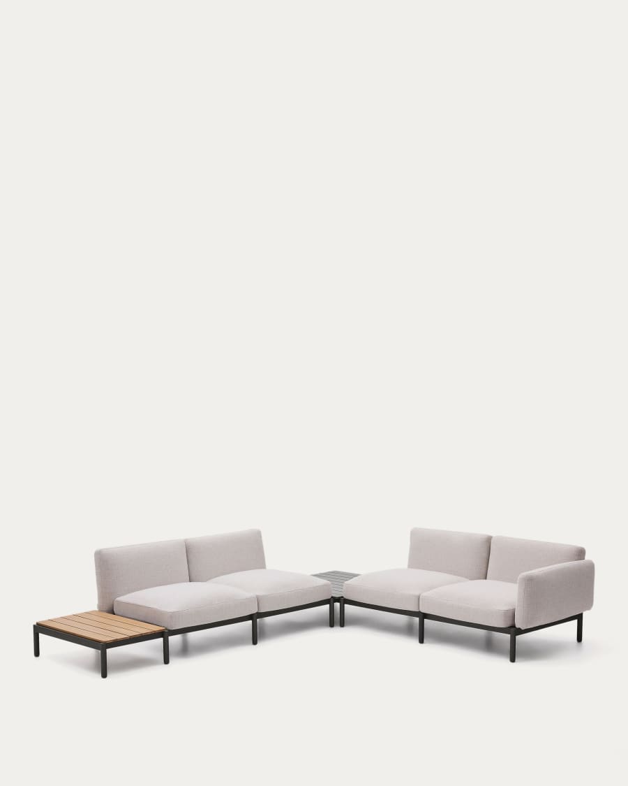 Sorells outdoor modular 4-seater corner sofa with beige upholstery and grey aluminium with teak table 353 x 316.5cm FSC 100%