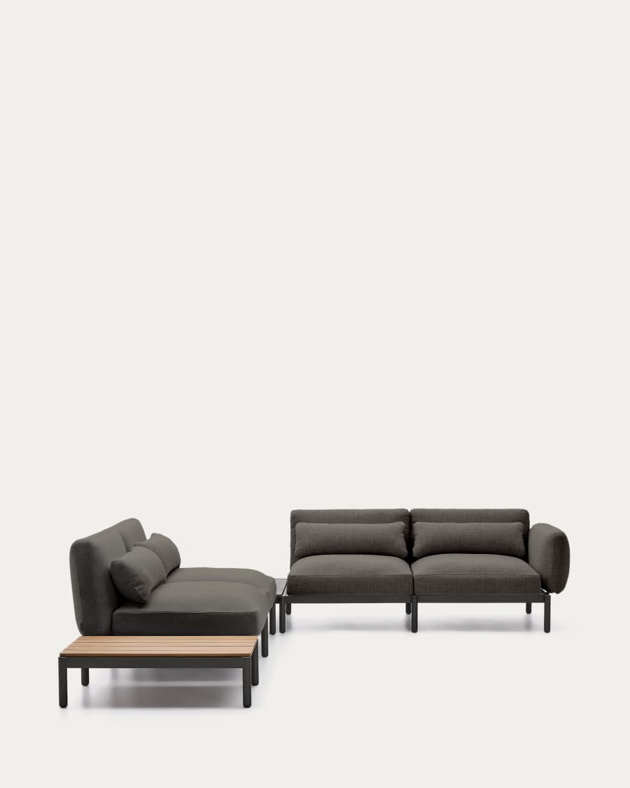 Sorells outdoor modular 4-seater corner sofa with grey upholstery and grey aluminium with teak table 353 x 316.5cm FSC 100%