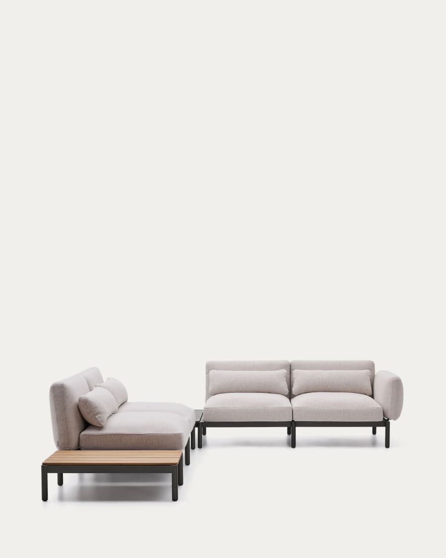Sorells outdoor modular 4-seater corner sofa with beige upholstery and grey aluminium with teak table 353 x 316.5cm FSC 100%