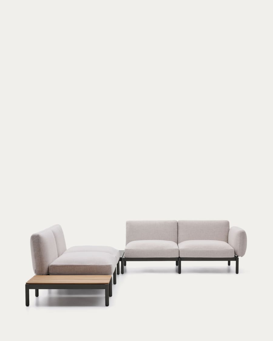 Sorells outdoor modular 4-seater corner sofa with beige upholstery and grey aluminium with teak table 353 x 316.5cm FSC 100%