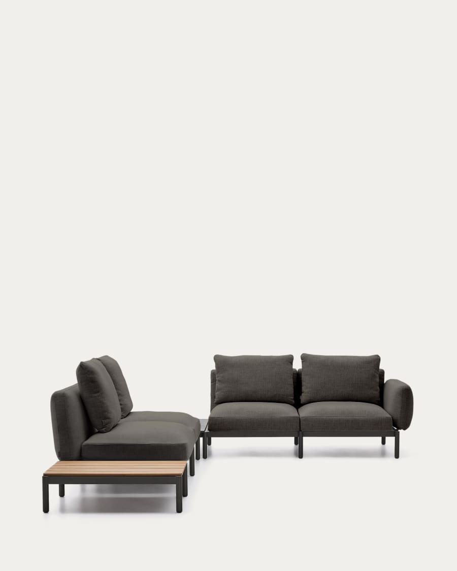 Sorells outdoor modular 4-seater corner sofa with grey upholstery and grey aluminium with teak table 353 x 316.5cm FSC 100%