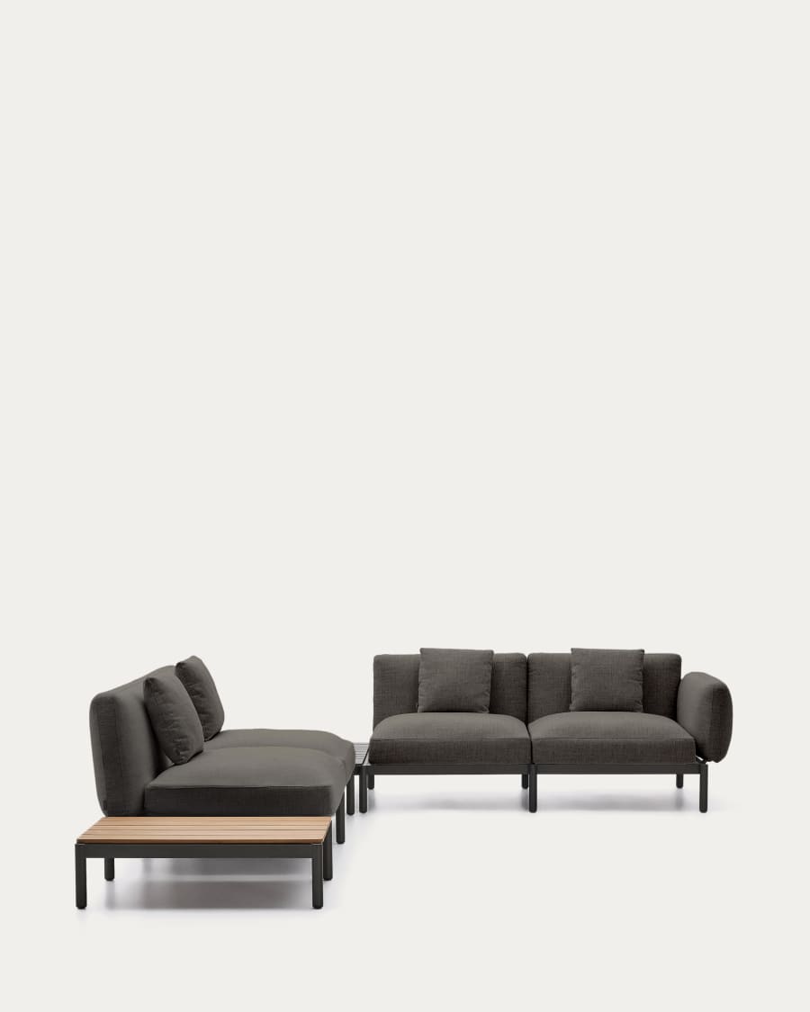 Sorells outdoor modular 4-seater corner sofa with grey upholstery and grey aluminium with teak table 353 x 316.5cm FSC 100%