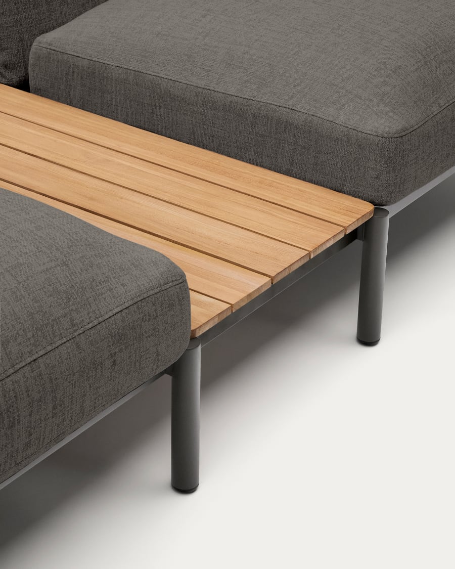 Sorells outdoor modular 5-seater corner sofa with grey upholstery and grey aluminium with teak tables 277 x 446cm FSC 100%