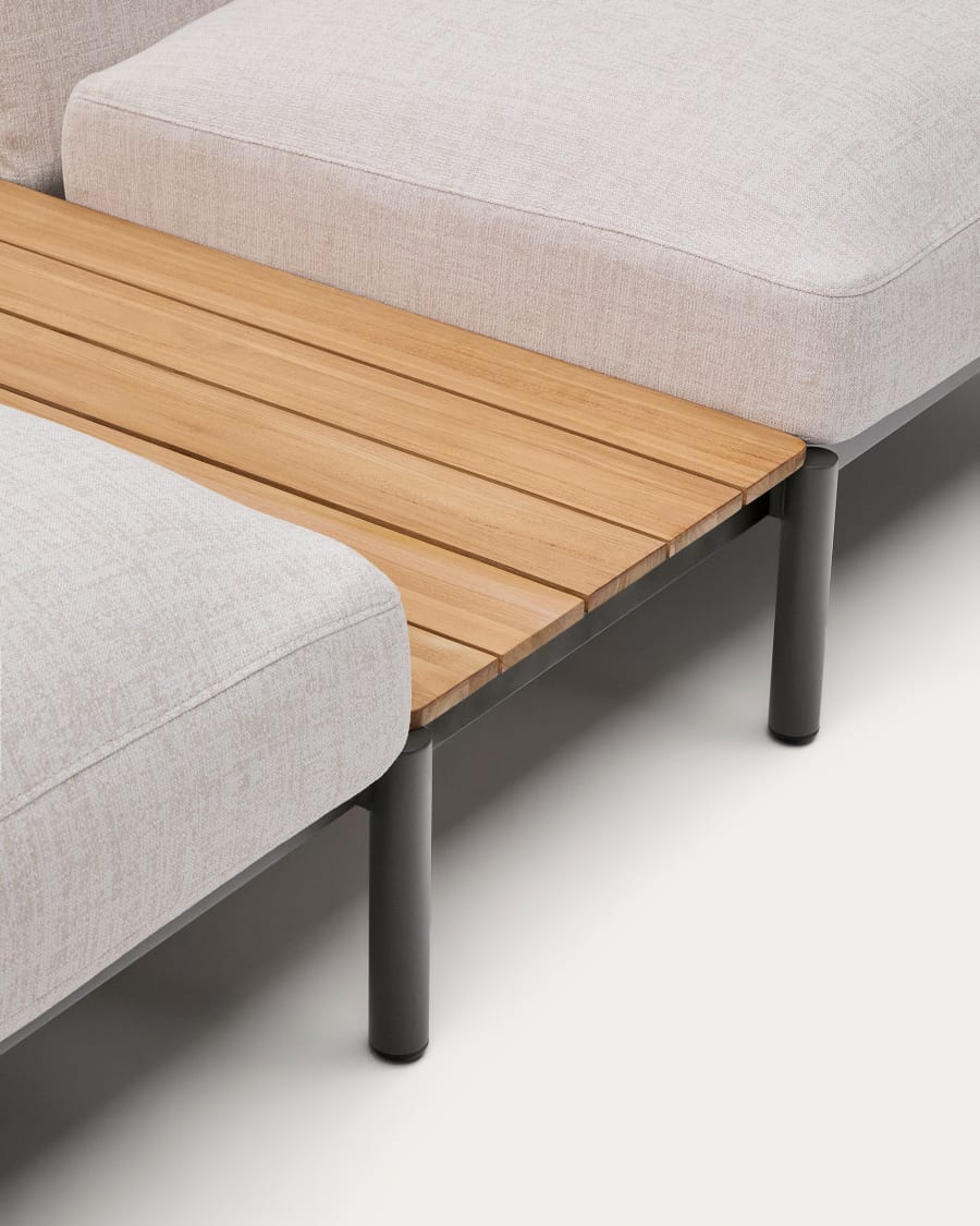Modulares Outdoor-Ecksofa Sorells mit 5 Sitzplätzen mit beigefarbener Polsterung und grünem Aluminium, mit Tischen aus Teakholz, 277 x 446 cm, FSC 100 %
