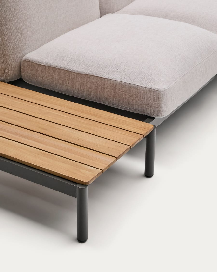 Sorells outdoor modular 4-seater corner sofa with beige upholstery and grey aluminium with teak table 353 x 316.5cm FSC 100%