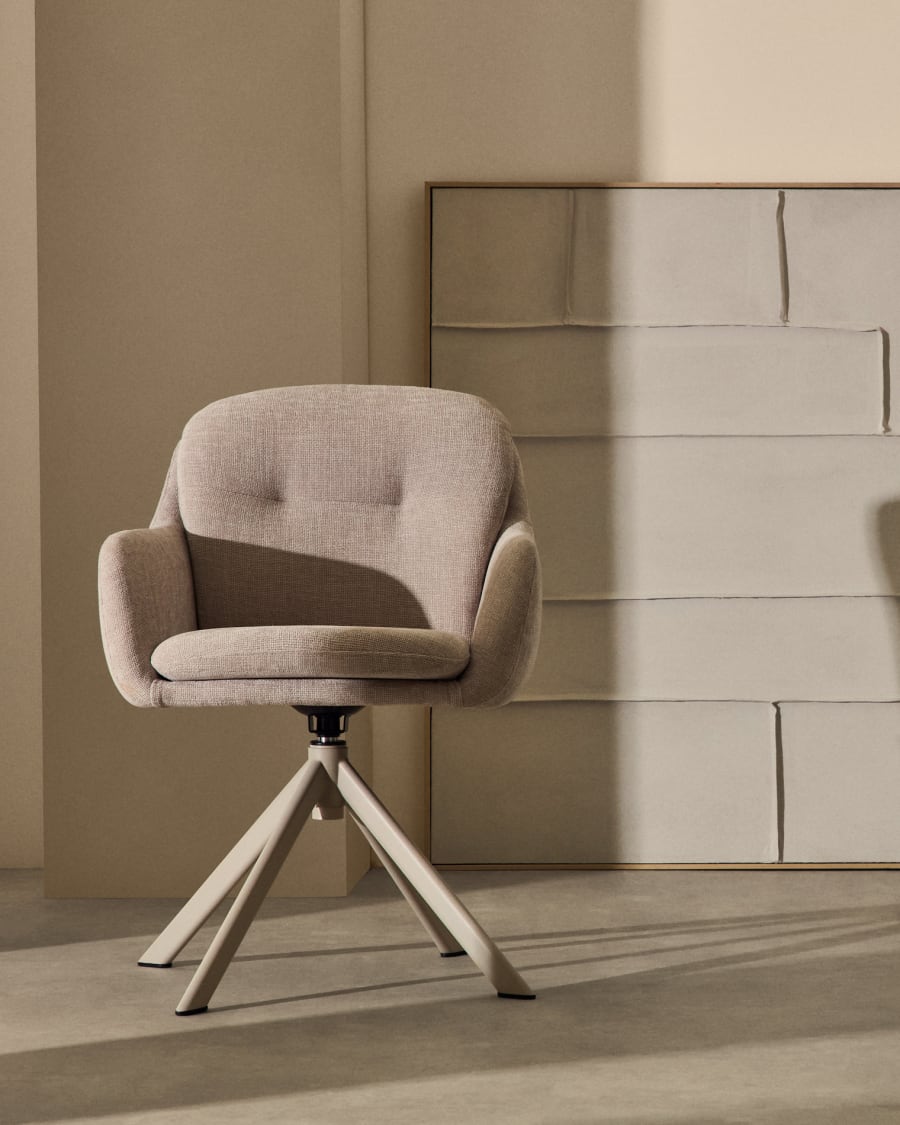 Lexa swivel chair in beige chenille and steel legs in a beige finish