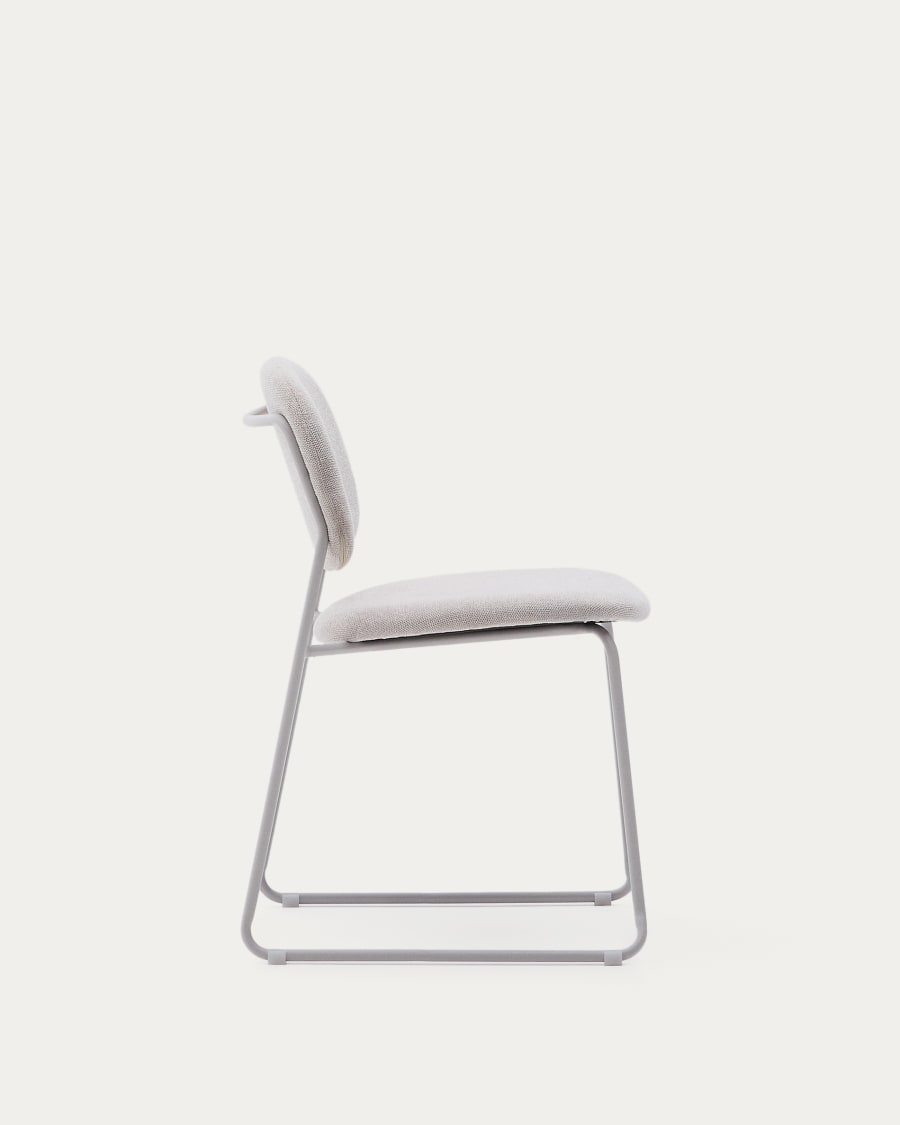 Meli stackable chair in beige chenille with beige metal legs FSC Mix Credit