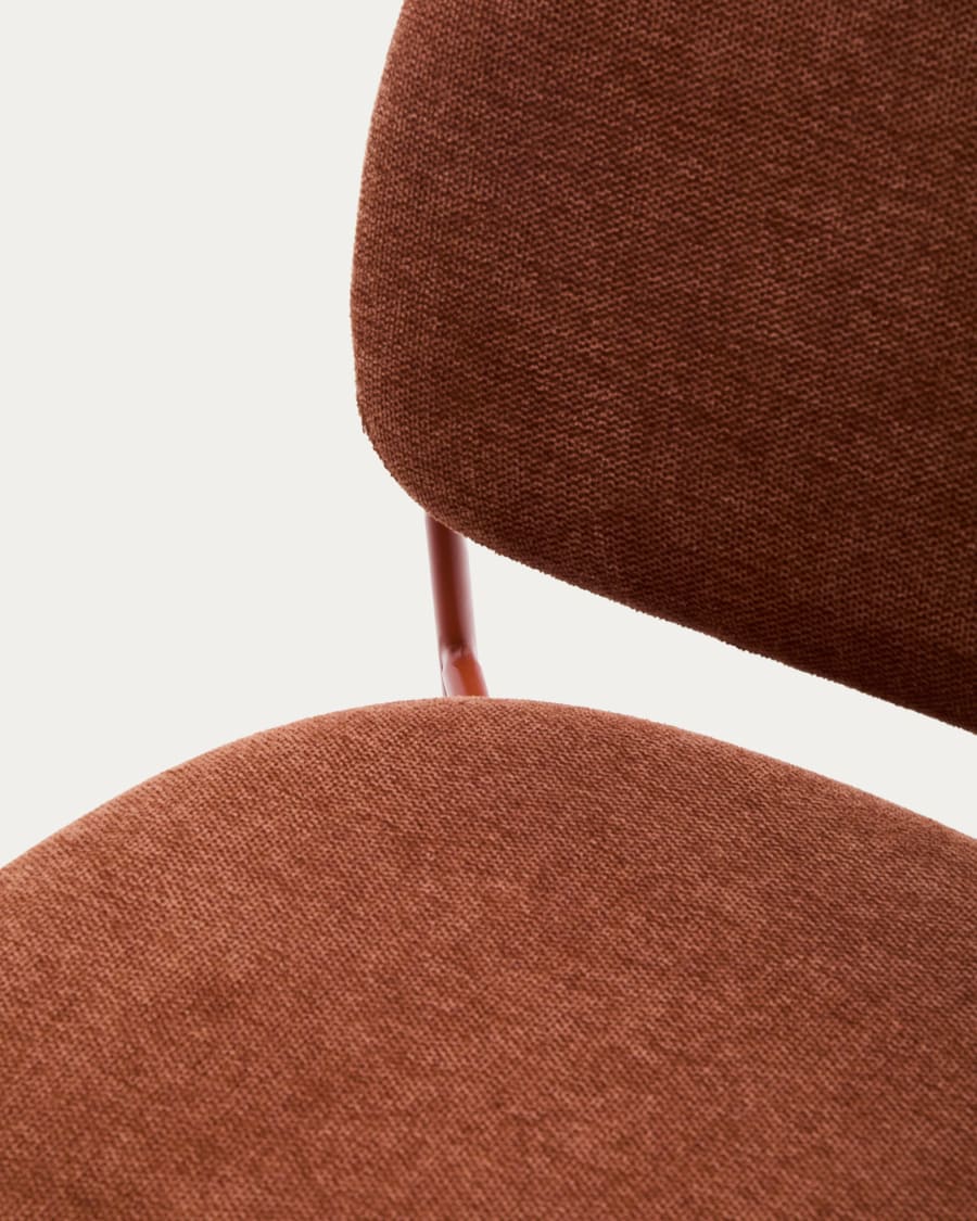 Meli stackable chair in terracotta chenille with terracotta metal legs FSC Mix Credit