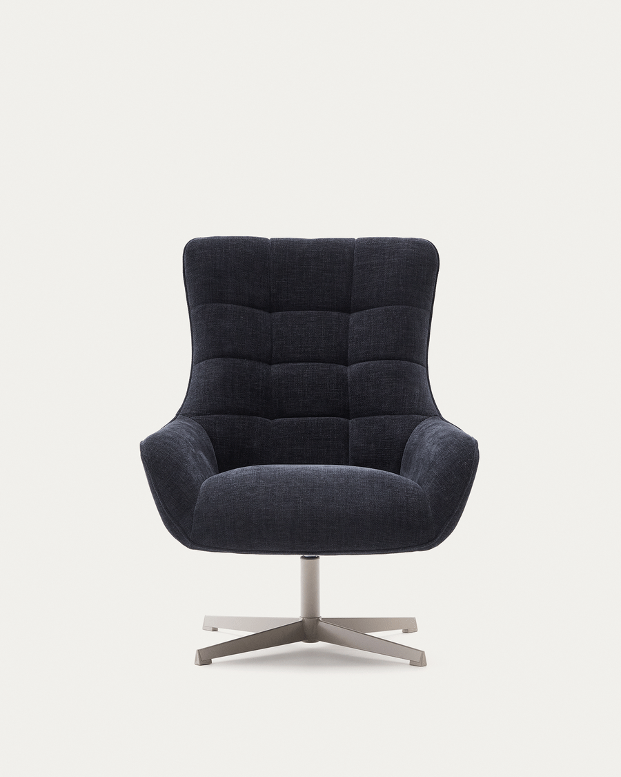 Teryl swivel blue chenille armchair with grey-finished metal, FSC 100%