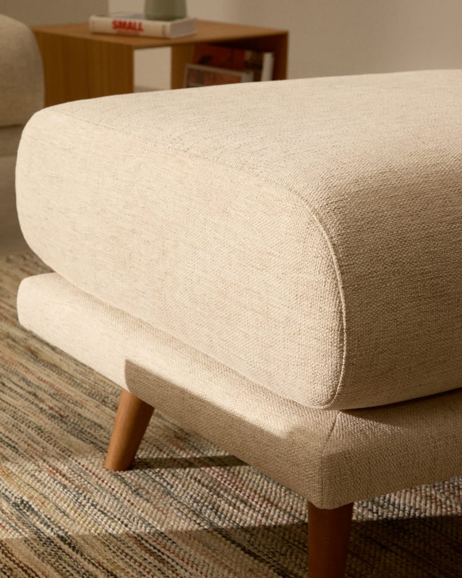 Karin footrest in beige chenille with solid beech wood legs 90 x 70cm