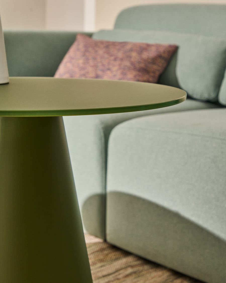Wilshire side table with frosted tempered glass and matt green painted steel finish Ø50cm