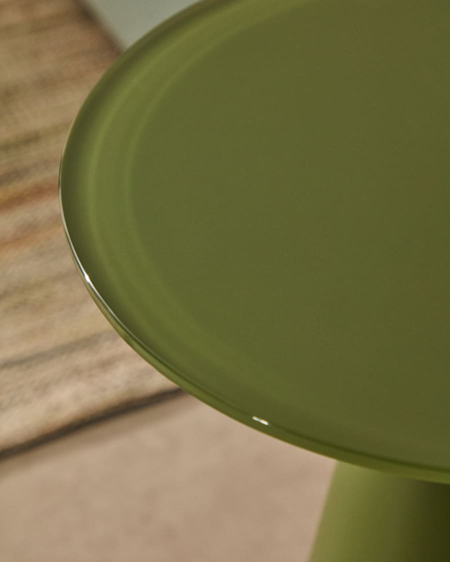Wilshire side table with frosted tempered glass and matt green painted steel finish Ø35cm