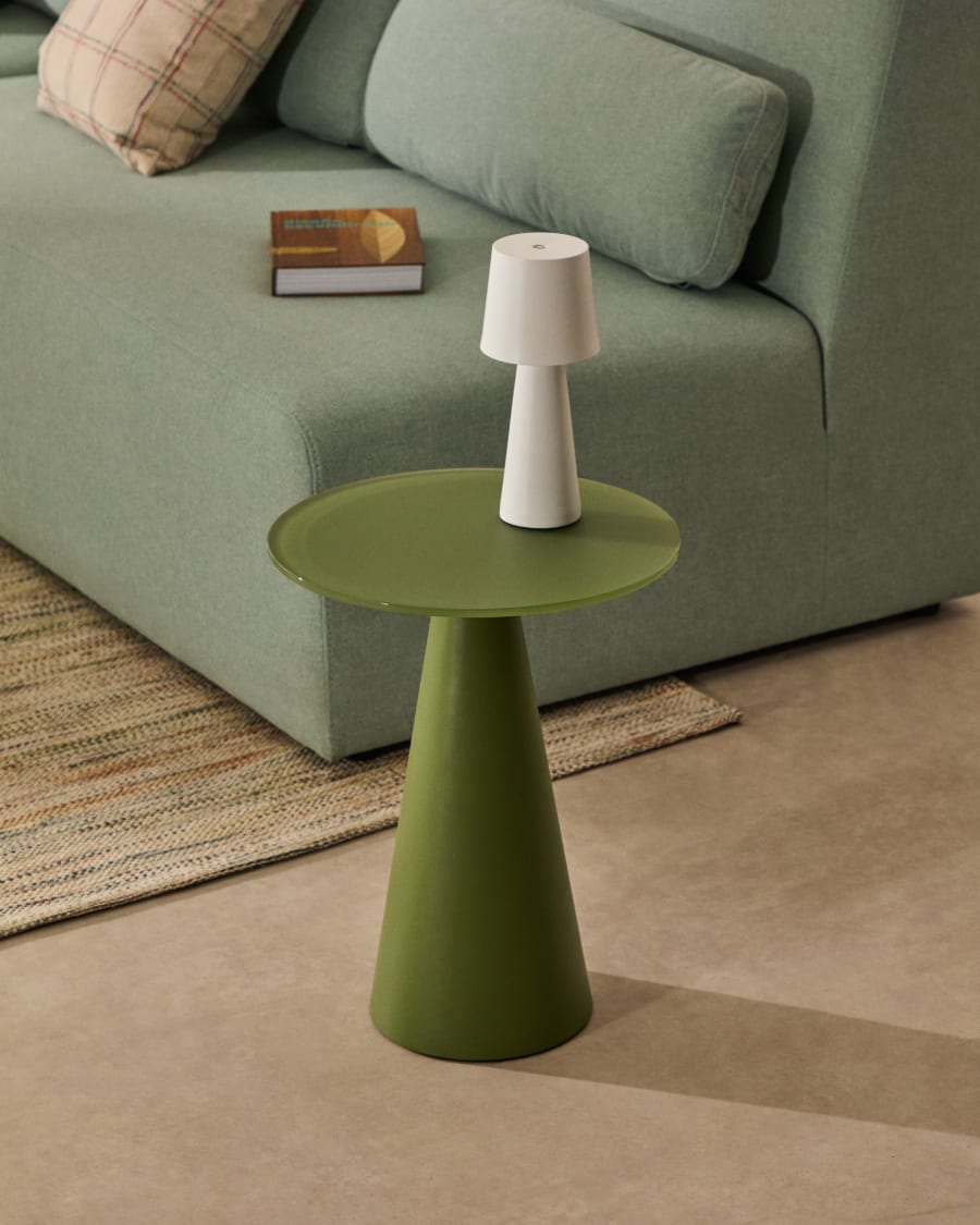 Wilshire side table with frosted tempered glass and matt green painted steel finish Ø35cm