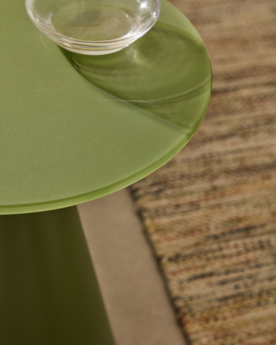 Wilshire side table with frosted tempered glass and matt green painted steel finish Ø30cm