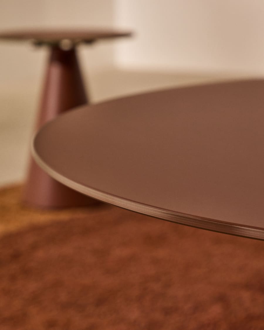 Wilshire coffee table with frosted tempered glass and matt terracotta painted steel finish Ø80cm