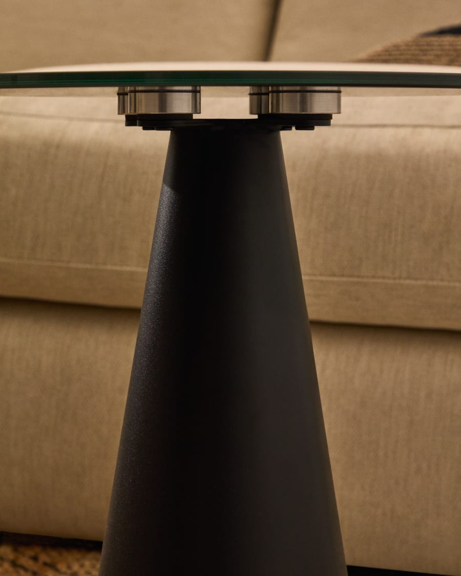 Wilshire side table with frosted tempered glass and steel with matt black painted finish Ø35cm
