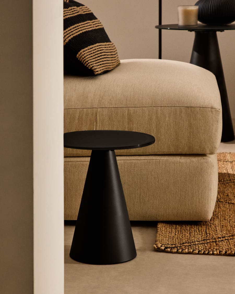 Wilshire side table with frosted tempered glass and steel with matt black painted finish Ø30cm