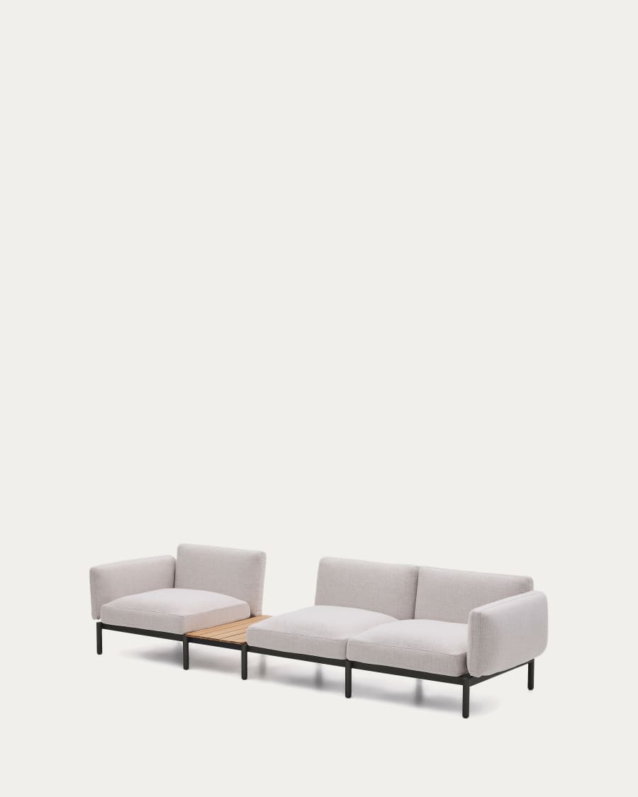 Sorells outdoor modular 3-seater sofa with beige upholstery and grey aluminium with teak table 341 x 113cm FSC 100%