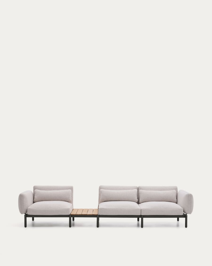 Sorells outdoor modular 3-seater sofa with beige upholstery and grey aluminium with teak table 341 x 113cm FSC 100%