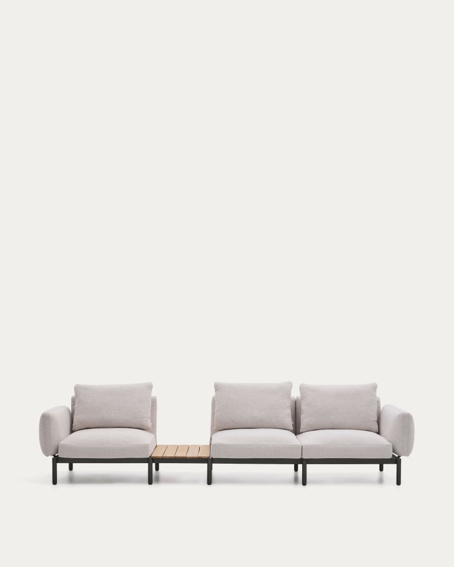 Sorells outdoor modular 3-seater sofa with beige upholstery and grey aluminium with teak table 341 x 113cm FSC 100%