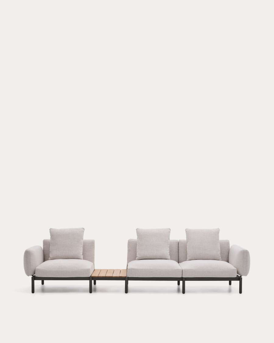 Sorells outdoor modular 3-seater sofa with beige upholstery and grey aluminium with teak table 341 x 113cm FSC 100%