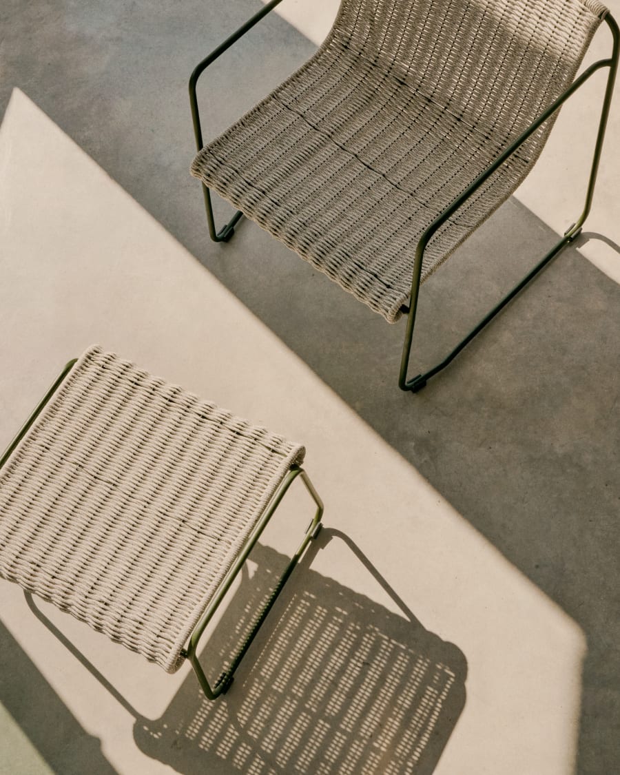Maurina footrest in green galvanised steel and ecru and grey rope cord 58 x 52.5cm