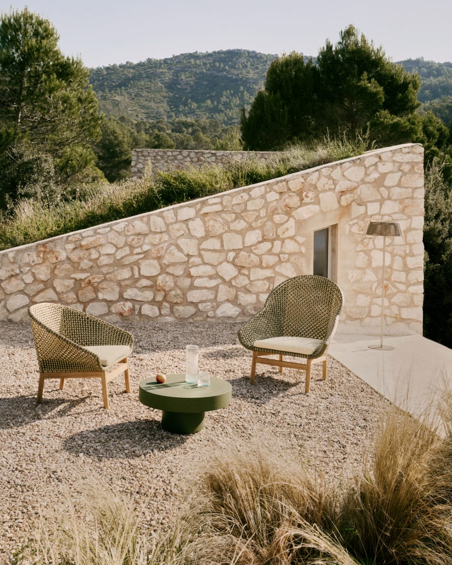 Olbia armchair with high backrest in synthetic rattan and FSC 100% solid teak wood