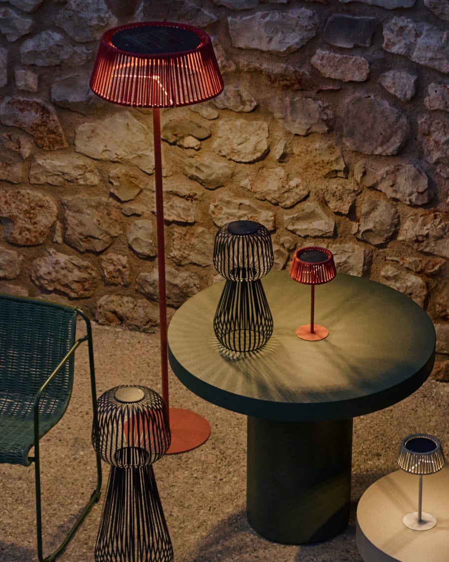 Lampadaire solaire d’extérieur Aldet en corde chinée terracotta et pied en métal terracotta Ø 46 cm