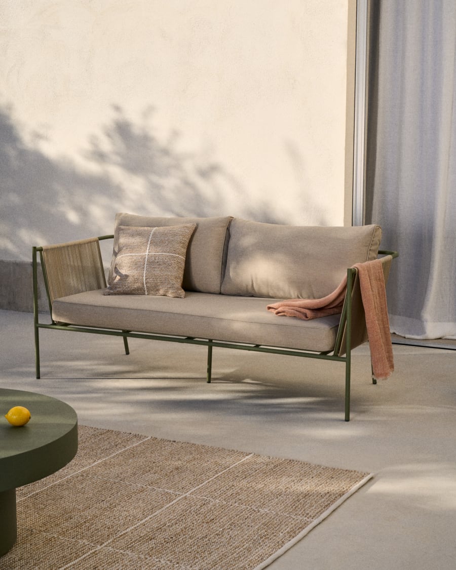 Zivia outdoor 3-seater sofa in ecru rope cord and green galvanised steel 178cm