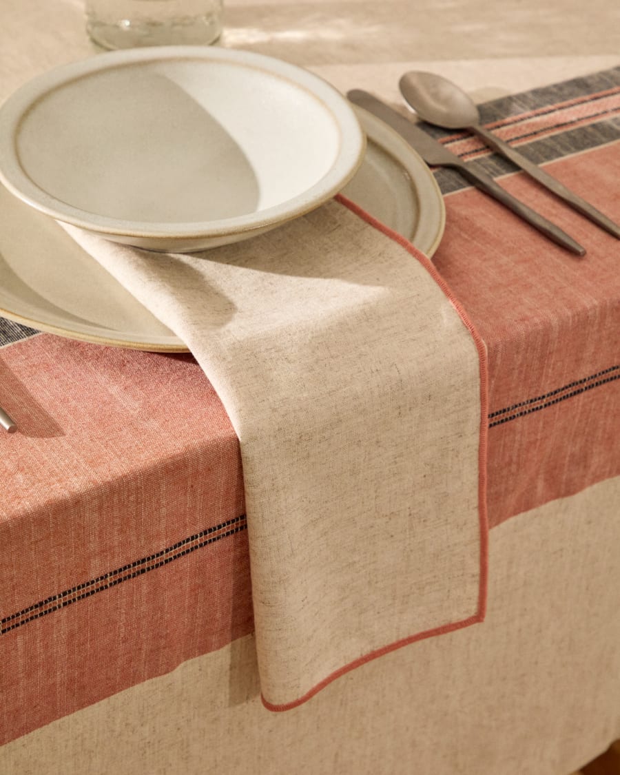Veliat set of 2 beige linen and viscose napkins with contrasting pink trim 40 x 40cm