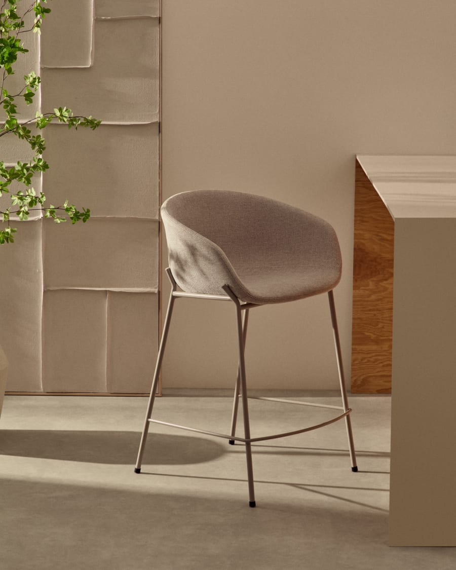 Yvette stool in beige chenille and steel legs in a beige finish, 75 cm high