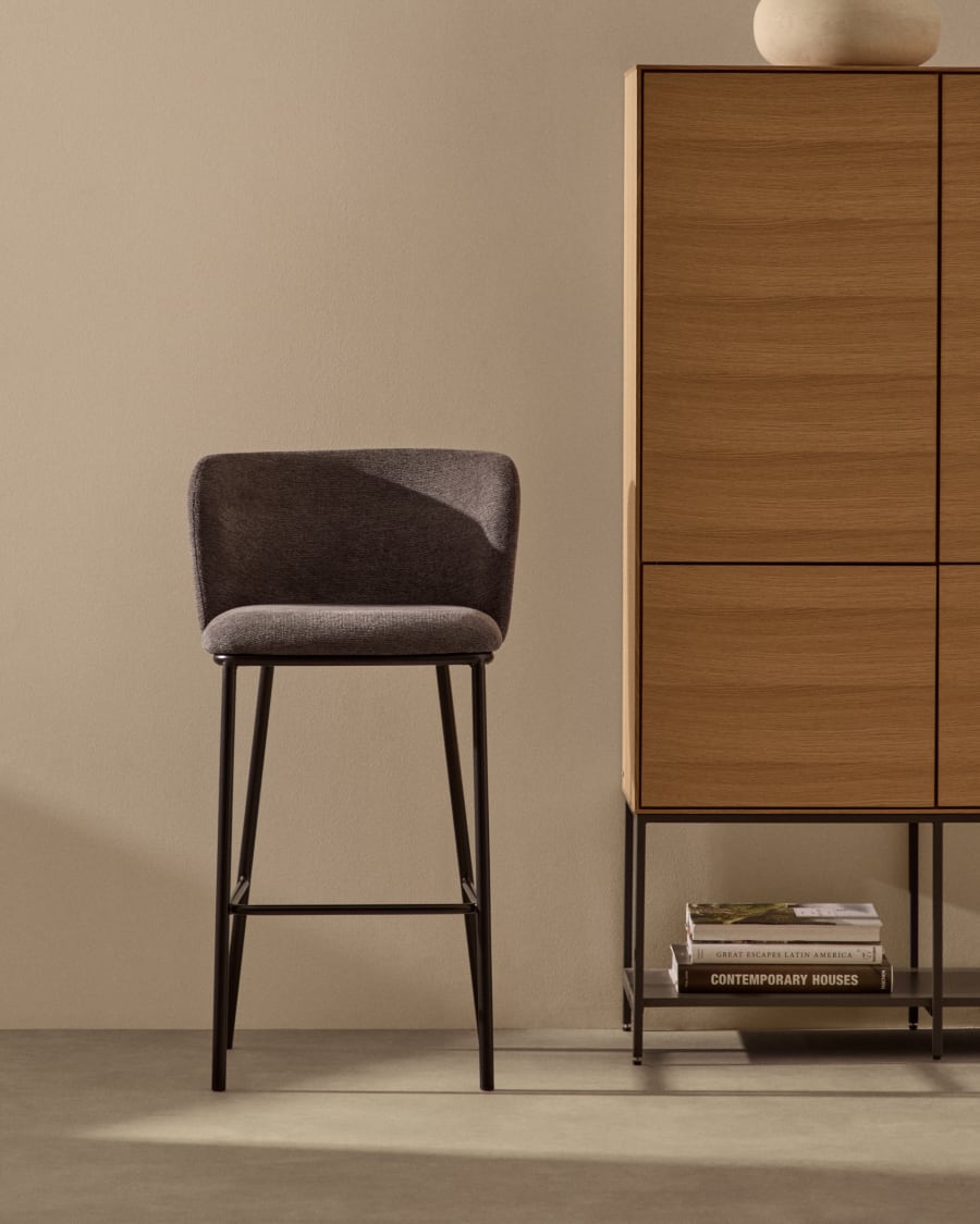Ciselia stool in dark grey chenille with steel legs in black 65 cm height FSC Mix Credit