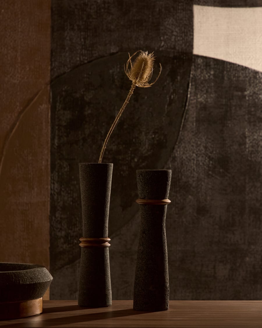 Vase Naro aus schwarzem Stein und Teakholz 30 cm