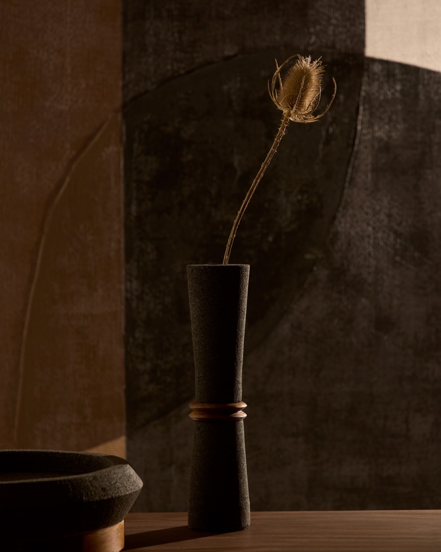 Vase Naro aus schwarzem Stein und Teakholz 30 cm