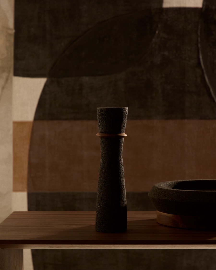 Vase Naro aus schwarzem Stein und Teakholz 30 cm