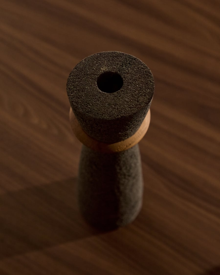 Vase Naro aus schwarzem Stein und Teakholz 30 cm