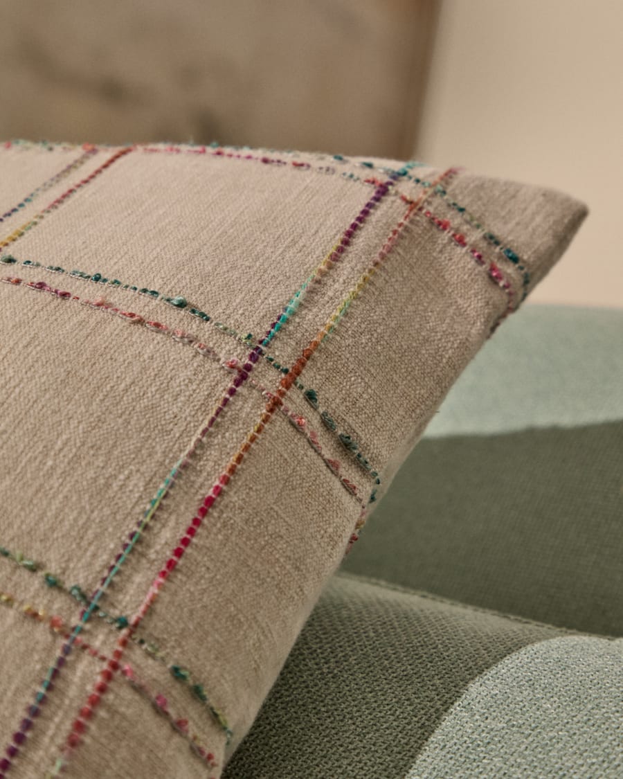 Nety beige cushion cover with multicoloured checked embroidery 45 x 45cm